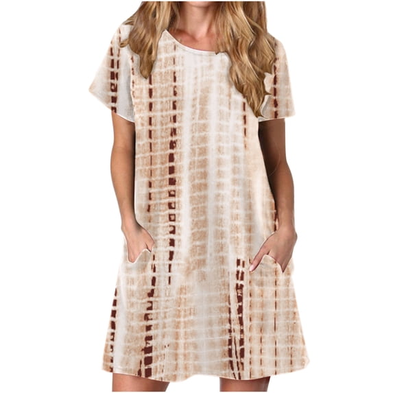 QLEICOM Women's Summer Casual Tshirt Dresses O Neck Short Sleeve Loose Dress Sundress with Pockets Khaki B L, US Size: 8