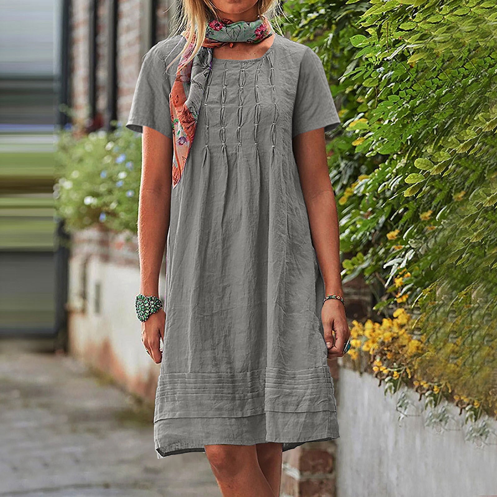 QLEICOM Women's Summer Dress Short Ruffle Sleeve Round Neck Mini Dress  Loose Fit Short Flowy Tiered Babydoll Beach Dress Cotton And Linen Beach  Daily Party Vintage T-Shirts Dress with Pockets - Walmart.com