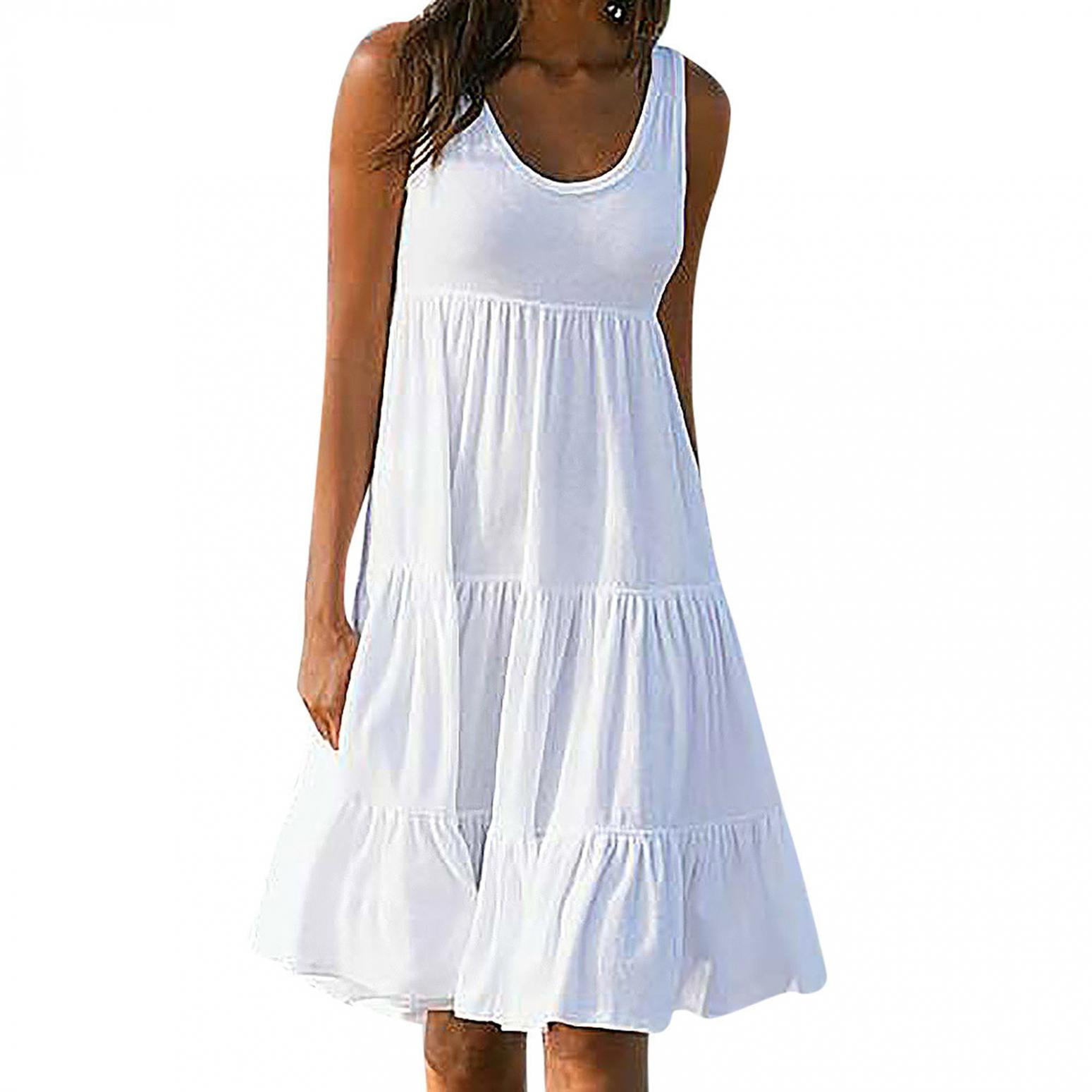QLEICOM Women’s Summer Dress, Sleeveless Ruffle Sleeve Round Neck Mini ...