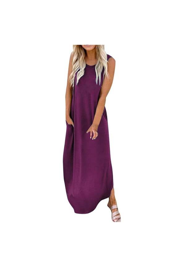 Women's Summer Maxi Dress Casual Loose Pockets Long Dress Sleeveless Split Tank Maxi Dress Purple 3XL, US Size: 14