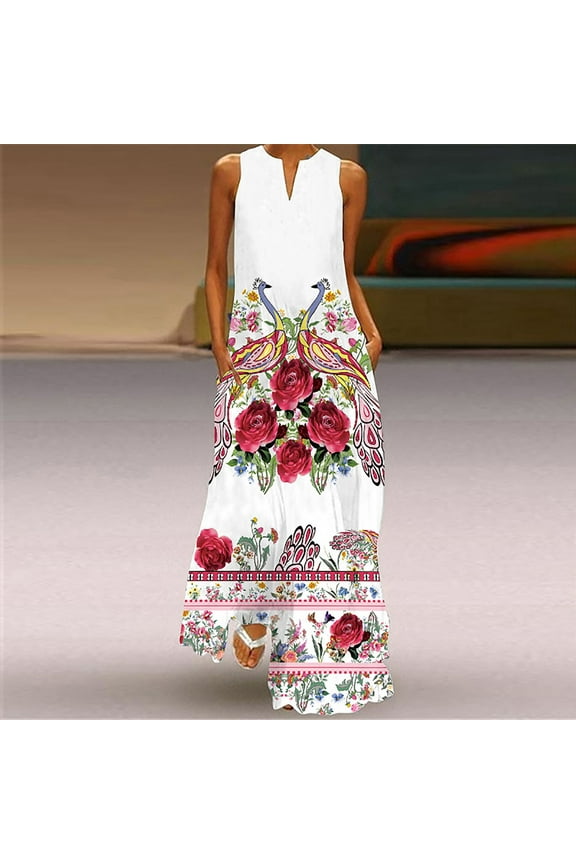 Women's Summer Maxi Dress Casual Loose Sleeveless Long Dress with Pockets Striped Floral Print Vintage V Neck Maxi Dresses Beach Colorful Sundresses Plus Size Pink XL