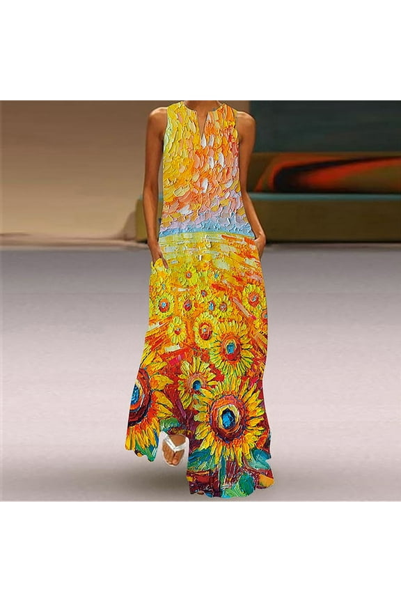 Women's Summer Maxi Dress Casual Loose Sleeveless Long Dress with Pockets Striped Floral Print Vintage V Neck Maxi Dresses Beach Colorful Sundresses Plus Size