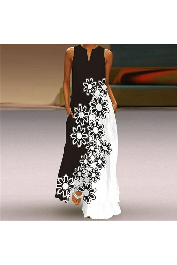 Women's Summer Maxi Dress Casual Loose Sleeveless Long Dress with Pockets Striped Floral Print Vintage V Neck Maxi Dresses Beach Colorful Sundresses Plus Size