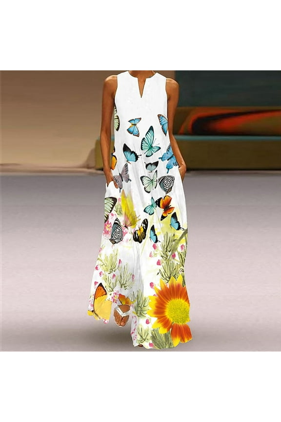 Women's Summer Maxi Dress Casual Loose Sleeveless Long Dress with Pockets Striped Floral Print Vintage V Neck Maxi Dresses Beach Colorful Sundresses Plus Size