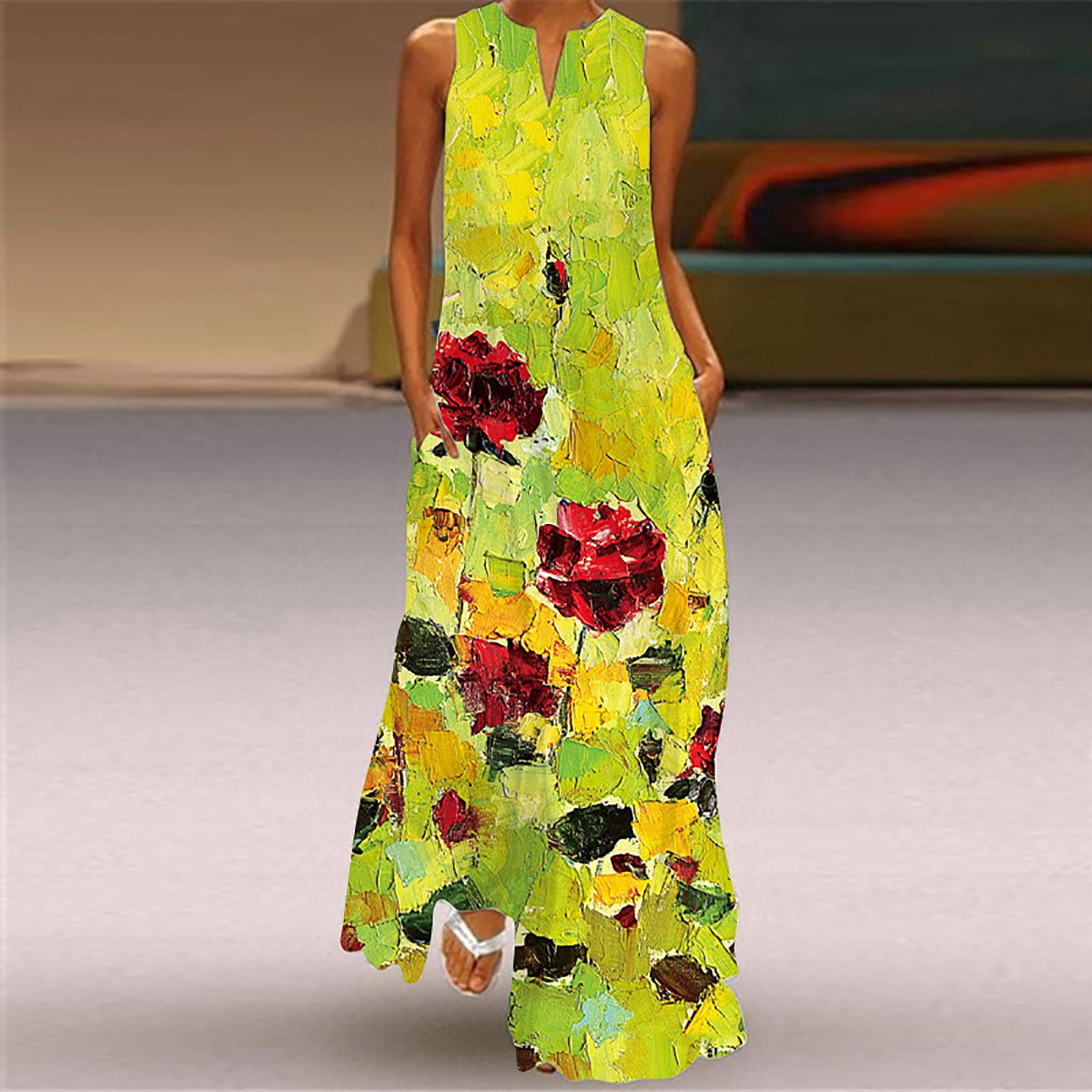QLEICOM Women's Summer Maxi Dress Casual Loose Sleeveless