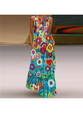 Yubatuo Women's Fashion Beach Casual Floral Maxi Long Dress For Women  Summer V Neck Long Sleeve Dress(Light Blue,3XL)