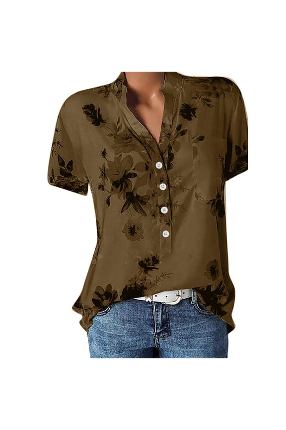 Women's Summer Split Neck Button Short Sleeve Shirts Flower Print Casual T-Shirt Top with Pocket Brown S, US Size: 4