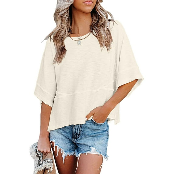 QLEICOM Women's Summer T Shirts Crewneck 3/4 Sleeve Basic Tops Solid Color Loose Tees Blouse Clearance