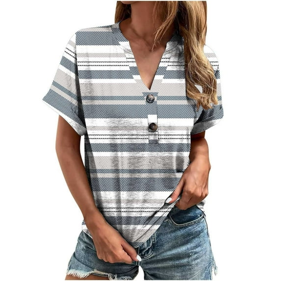QLEICOM Women's Summer V Neck Leisure Short Sleeve Buttons Solid Blouses Shirts Tops Blue XXL, US Size 12