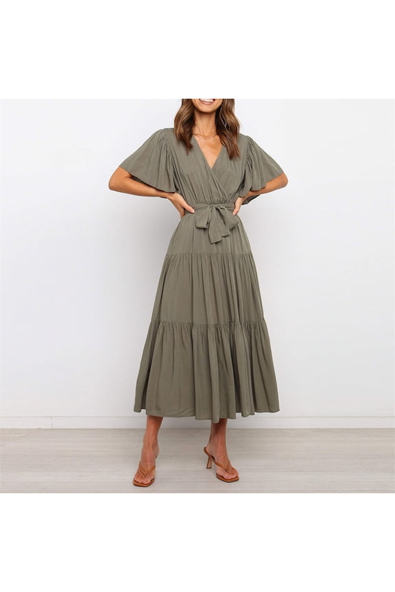 Women's Summer Wrap V Neck Floral Print Dress Women Short Sleeve Ruffle Beach Loose Dress Plus Size Flowy High Low Maxi Dress Bohemian Beach Dress with Belt Black L