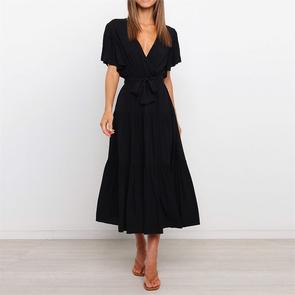 PERFECT&CHARM Women's Plus Size Floral Dress Print Wrap V Neck Oversize  Ruffle Sleeve A Line Summer Dress
