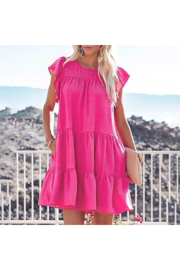 Women's Summer Wrap V Neck Solid Color Dress Women Short Sleeve Ruffle Beach Loose Dress Plus Size Flowy High Low Maxi Dress Bohemian Beach Dress with Belt Red XXL