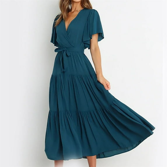 QLEICOM Women's Summer Wrap V Neck Solid Color Dress Women Short Sleeve Ruffle Beach Loose Dress Plus Size Flowy High Low Maxi Dress Bohemian Beach Dress with Belt Dark Blue XL