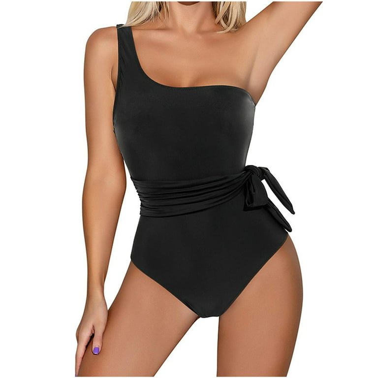 QLEICOM Women's Swimsuits High Waisted Tummy Control Swimwear Sexy With  Chest Pad Without Underwire One-shoulder Lace-up Swimsuit Women Bikinis