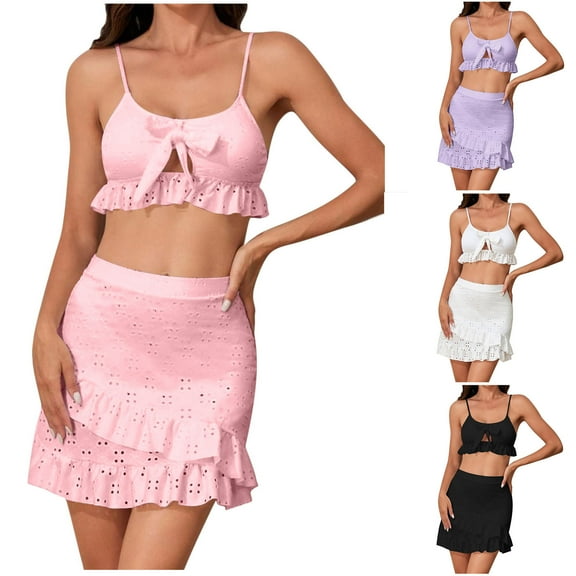 QLEICOM Women's Swimwear,Bathing Suit for Women,Two Piece Swimsuit Set Bow and Ruffle Top with Skirt Beach Outfit for Women