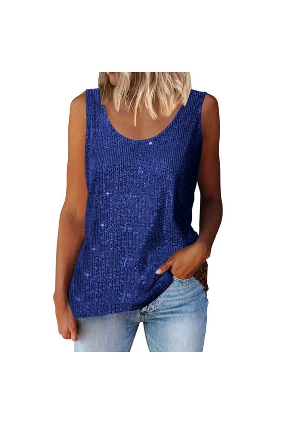 Women's Tank Tops, Summer Sleeveless Crew-Neck Sequin Sparkle T-Shirts, Fashion Loose Fit Tunic Side Split Vests Tops, Oversized Casual Camisole Tanks Tees for Women (S-5XL)