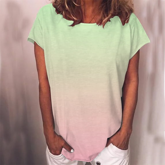 QLEICOM Women's Tee Shirts, Gradient Color Print Short Sleeve Crew Neck Tee Casual Loose Fit Summer Shirt Tops, Plus Size Gradient Loose Tops, Tees & Blouses for Women S-5XL