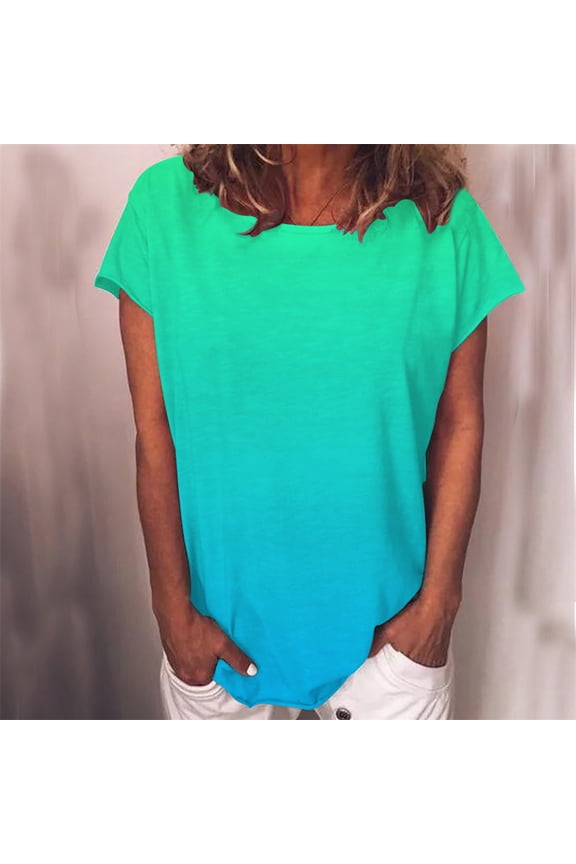 Women's Tee Shirts, Gradient Color Print Short Sleeve Crew Neck Tee Casual Loose Fit Summer Shirt Tops, Plus Size Gradient Loose Tops, Tees & Blouses for Women S-5XL