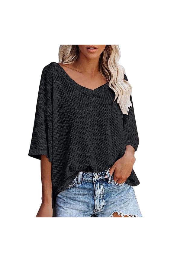 Women's Tops Oversized Solid Color T Shirts Casual Short Sleeve V Neck Blouses Loose Fitting Spring Summer Tunic Pullover Tees Tops Black L