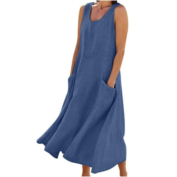 QLEICOM Women's U neck Tank Dresses Summer Cotton Linen Maxi Dress Casual Loose Sleeveless Sundress with Pockets for Beach Vacation Navy M, US Size:6
