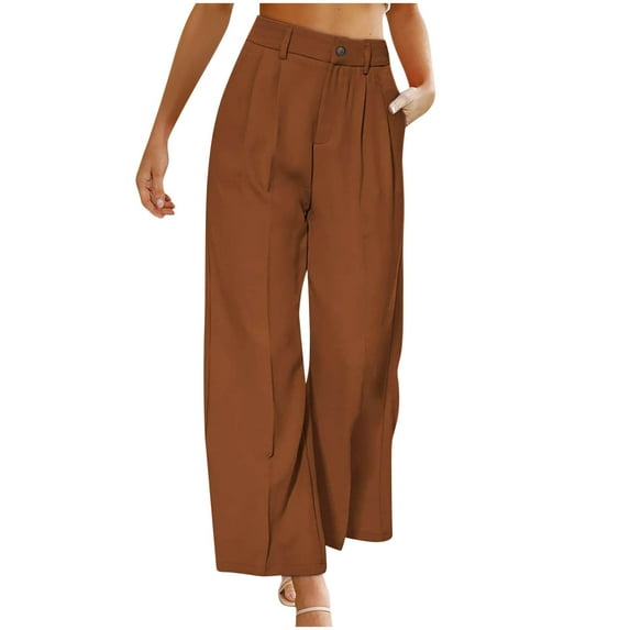 QLEICOM Women's Wide Leg Pants Button Zipper Trousers Straight Leg Drawstring Elastic High Waist Loose Comfy Trousers with Pockets Brown S, US Size 4