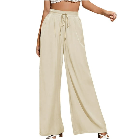 QLEICOM Women's Wide Leg Pants Casual Trousers Straight Leg Drawstring Elastic High Waist Loose Comfy Trousers with Pockets Beige XL, US Size 10