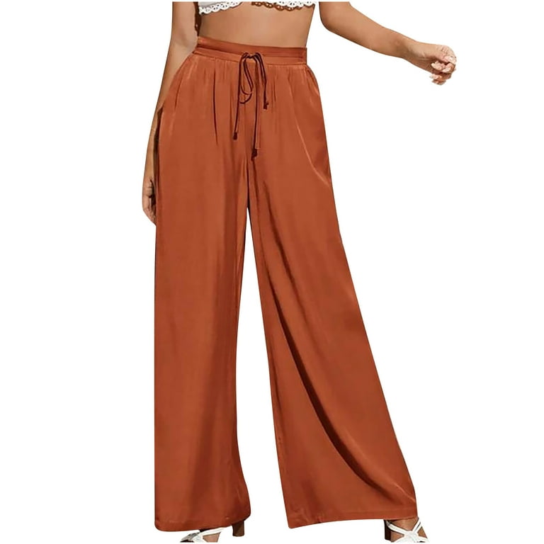QLEICOM Women's Wide Leg Pants Casual Trousers Straight Leg Drawstring  Elastic High Waist Loose Comfy Trousers with Pockets Red M, US Size 6