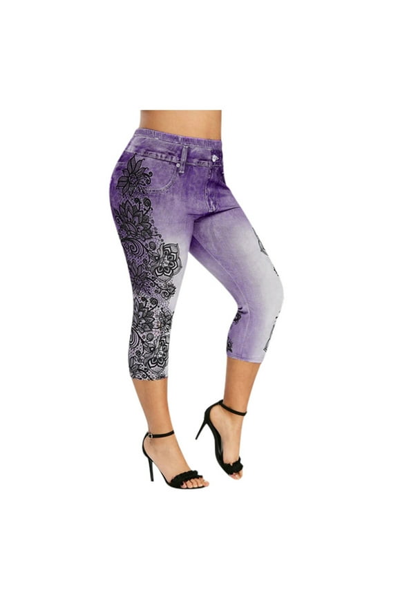 Women's Yoga Pants Slim High Elastic Waist Capri Squat Proof High Waisted Yoga Pants 4 Way Stretch Panel Denim Leggings Workout Yoga Leggings Purple 3XL, US Size 14