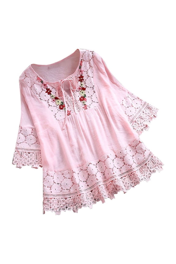 Womens 3/4 Bell Sleeve Blouse Summer Plus Size Crewneck Lace Tops Floral Textured Babydoll Shirts Pink S, US Size:12