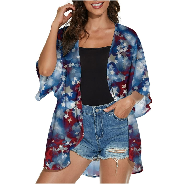 QLEICOM Womens 4th of July Flag Independence Day Print Cover Ups Short  Sleeve Kimono Cardigans Casual Shawl Cardigan Loose Open Front Kimono Tops  W L, US Size 8 