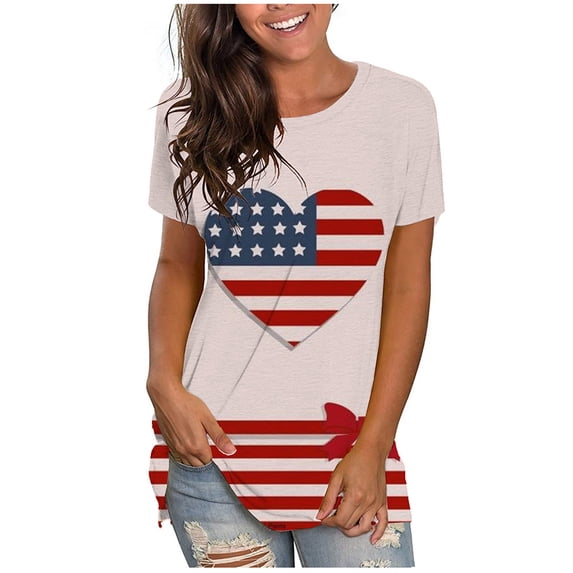 QLEICOM Womens 4th of July Tops Independence Day Popular American Flag Printed T-shirt Round-neck T Short Sleeve Letters Print Summer Loose Fitting Tee Tops Blouses Hot Pink L