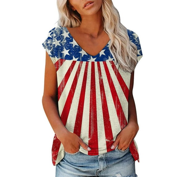 QLEICOM Womens 4th of July Tops Independence Day Popular American Flag Printed T-shirt Short Sleeve V-Neck Flag Printed Summer Loose Fitting Tee Tops Blouses Red XXL