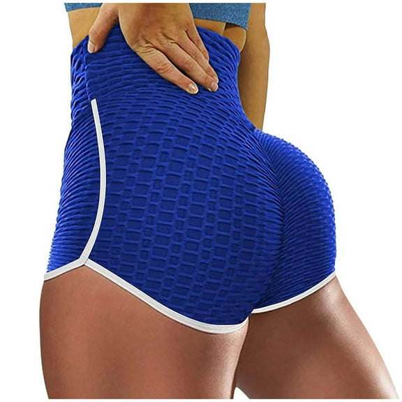 QLEICOM Womens Athletic Shorts, Fashion Short Solid Tight High Waist Elasticity Sports Bubble Yoga Pants 2PC Yoga Shorts, Running Shorts, Comfy Beach Shorts, Cycling Shorts Black,Blue XXL