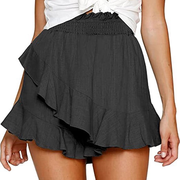 QLEICOM Womens Athletic Shorts, Plus Size Shorts, Fashion Shorts Summer Casual Loose Solid High Waist Ruffles Short Yoga Shorts, Running Shorts, Comfy Beach Shorts, Cycling Shorts Black S