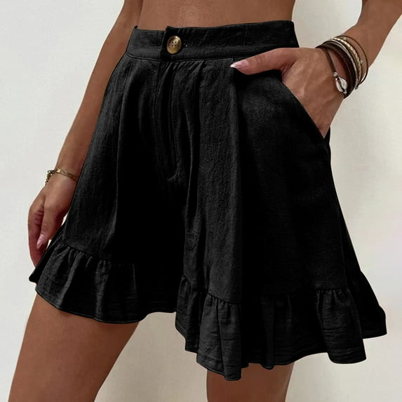 QLEICOM Womens Athletic Shorts, Plus Size Shorts, Fashion Solid Casual Wide Leg Ruffle Loose High Waist Shorts Pants Yoga Shorts, Running Shorts, Comfy Beach Shorts, Cycling Shorts Black Size 18