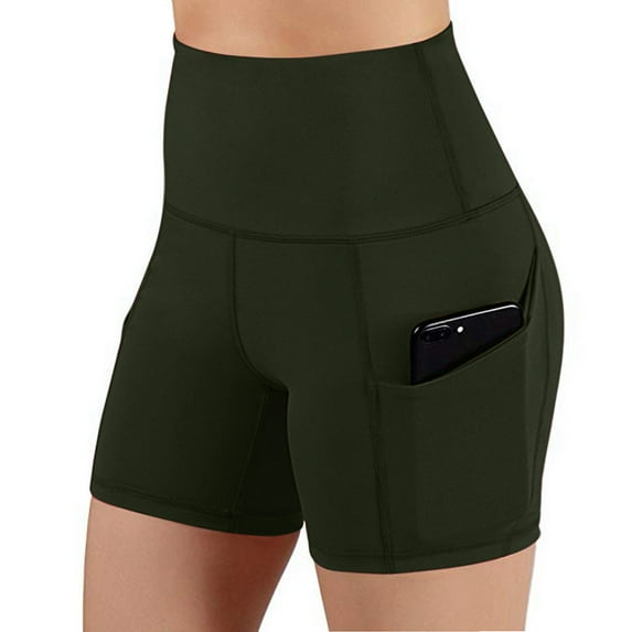 QLEICOM Womens Athletic Shorts, Plus Size Shorts, Solid Pocket High-waist Hip Stretch Pants Running Fitness Yoga Shorts, Running Shorts, Comfy Beach Shorts, Cycling Shorts Army Green XL