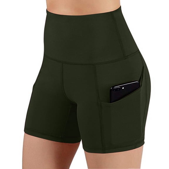 QLEICOM Womens Athletic Shorts, Plus Size Shorts, Solid Pocket High-waist Hip Stretch Pants Running Fitness Yoga Shorts, Running Shorts, Comfy Beach Shorts, Cycling Shorts Army Green XL