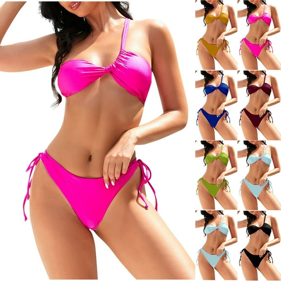 QLEICOM Womens Bathing Suits,Swimsuit for Women,One Shoulder Tie Side Bikini Set Triangle Top with Removable Pads Two Piece