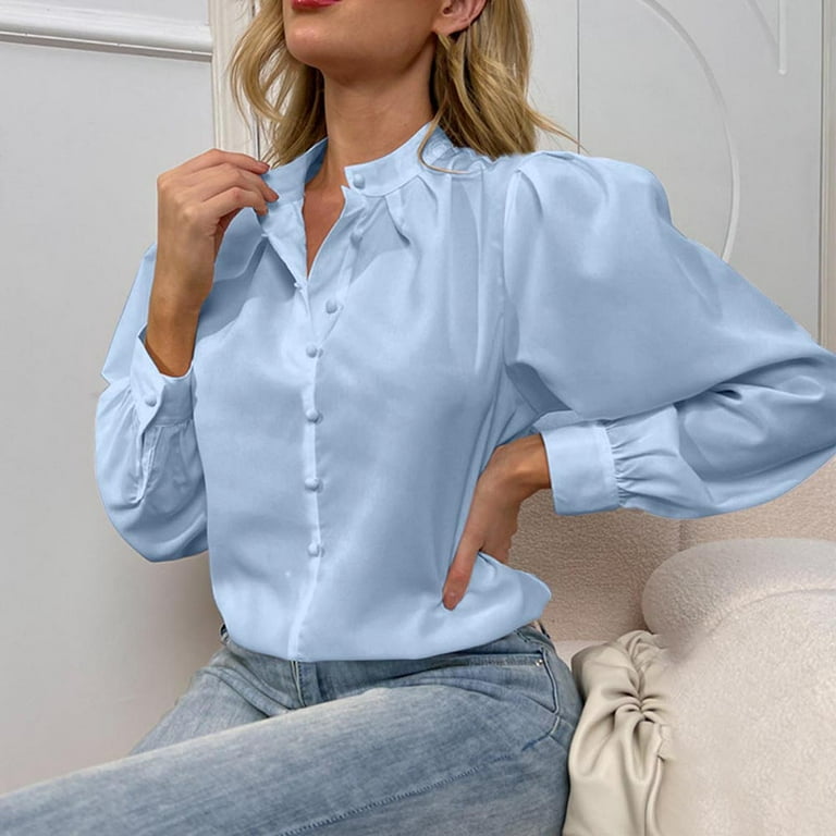 QLEICOM Womens Button Down V Neck Shirts, Long Sleeve Roll Up Cuffed Sleeve  Casual Work Plain Blouse Tops, Classic Chiffon Loose Fit Work Shirt Tops