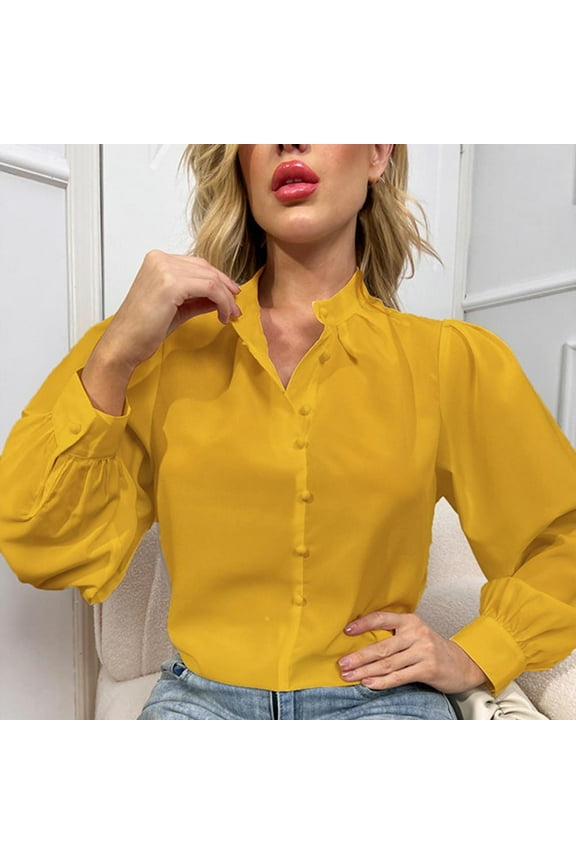 Womens Button Down V Neck Shirts, Long Sleeve Roll Up Cuffed Sleeve Casual Work Plain Blouse Tops, Classic Chiffon Loose Fit Work Shirt Tops with Pockets Yellow XL