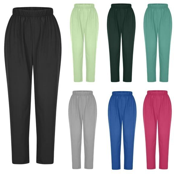 QLEICOM Womens Casual Pants,Pants for Women,Women's Straight Leg Casual Pants with Elastic Waist in Solid Color Comfortable Relaxed Fits Trousers for Daily Lounge Wear