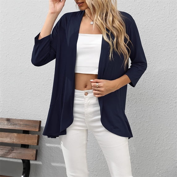 QLEICOM Womens Casual Tops, Plus Size Summer Cardigan Irregular Hem Shirt, Fashion Solid Cotton Comfortable Tops, V-Neck 3/4 Sleeve Cardigan Pullover Blouse Tunic Tops Navy XXL