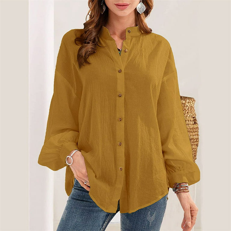 QLEICOM Womens Casual Tops, Plus Size Summer Shirt, Fashion Elegant Solid  Color Cotton And Linen Button Blouse, V-Neck Long Sleeve Tank Career Bloues