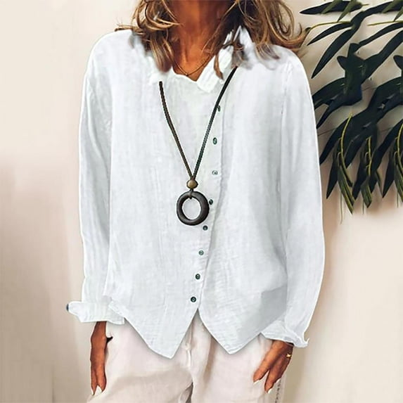 QLEICOM Womens Casual Tops, Plus Size Summer Shirt, Fashion Elegant Solid Color Cotton And Linen Button Blouse, Long Sleeve Lapel Blouses and Button-Down Shirts for Women White M