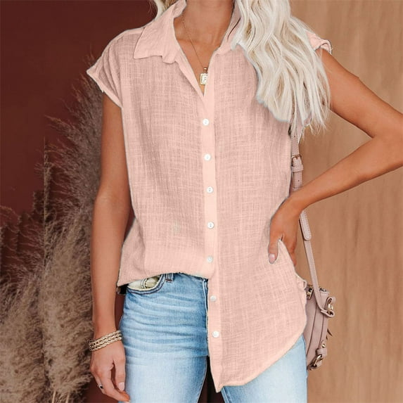 QLEICOM Womens Casual Tops, Plus Size Summer Shirt, Fashion Elegant Solid Cotton And Linen Button Blouse, Lapel Neck Short Sleeve Cardigan Buttons Blouse Tunic Tops Pink S