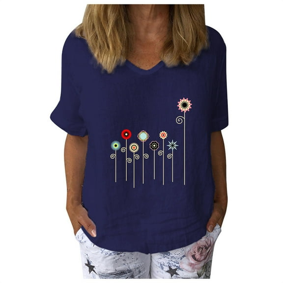 QLEICOM Womens Fashion V Neck Petal Sleeve T-Shirt, Casual Cotton Short Sleeve Blouse, Boho Floral Print Loose Basic Tee Tops for Leggings, Plus Size Tops, Tees & Blouses S-3XL