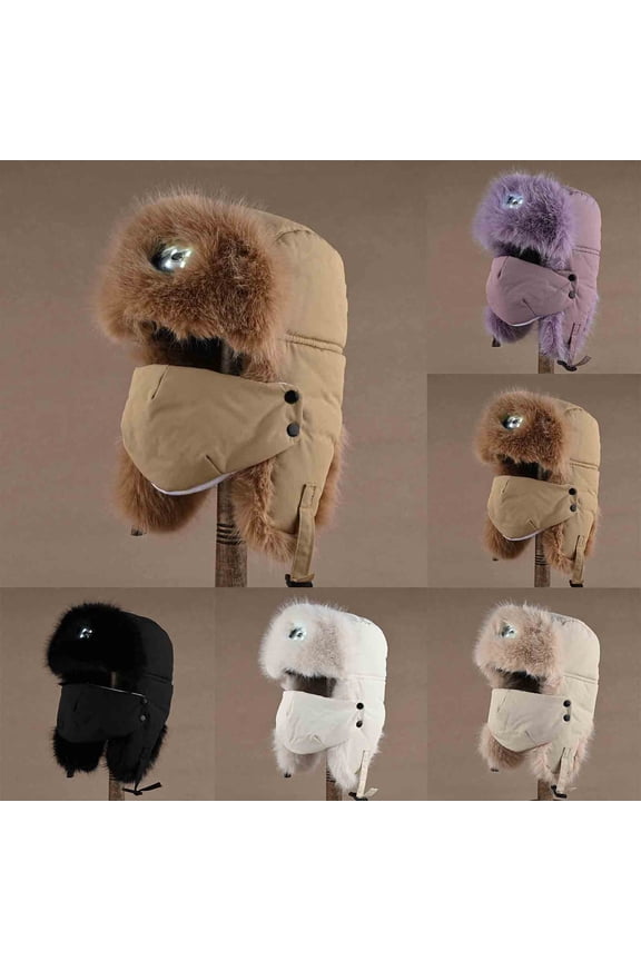 Womens Hats,Hats for Men,Unisex Solid Color Hat with Built In Light and Detachable Face Mask for Extreme Cold Weather Riding Plush Cap Has Buckle Closure Purple