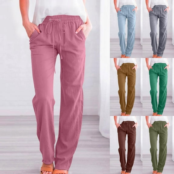 QLEICOM Womens Linen Pants,Casual Pants for Women,Solid Color Linen Pants for Women with Drawstring Waist Relaxed Wide Leg Cut and Flowy Fabric for Casual Comfortable