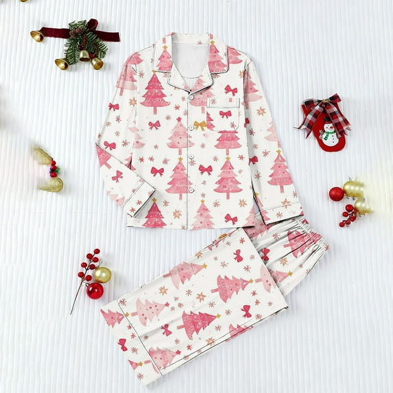 QLEICOM Womens Pajama Sets,Pajamas for Women Set,Women's Christmas Pajama Set with Long Sleeve Collared Shirt and Matching Pants Festive 2-Piece Loungewear Set for Holiday Gatherings and Relaxation