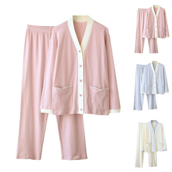 QLEICOM Womens Pajama Sets,Pajamas for Women Set,Women's Color-Block Pajama Set with V-Neck Top and Pocket Pants for Comfortable Long Sleeve Loungewear Set Functionality for Relaxation